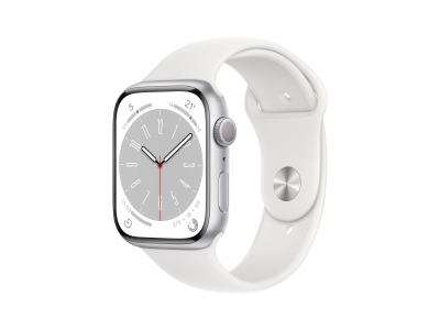 Apple Watch 8 GPS, 45 mm Aluminium Silver with White Sport Band – MP6N3NF/A